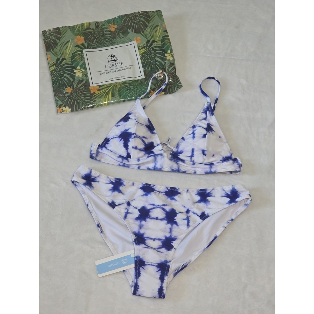 cupshe womens medium blue and white tie dye crush bikini set swimsuit